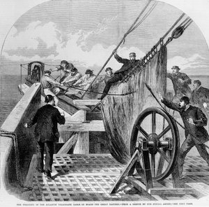 La rupture du câble télégraphique atlantique à bord du Great Eastern, 1865 (gravure) - English School