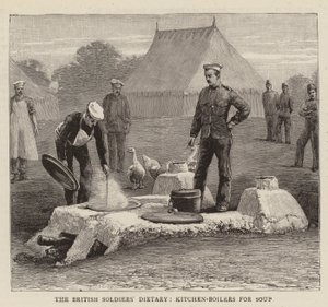 Le régime alimentaire des soldats britanniques, chaudières de cuisine pour la soupe (gravure) - English School