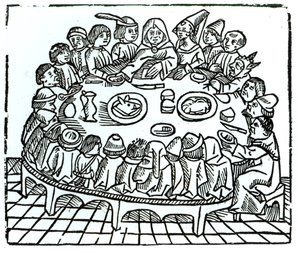 Les pèlerins de Canterbury prenant un repas partagé, illustration des 