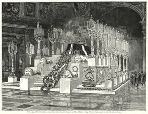 Le catafalque érigé pour le service funèbre de Sa Majesté le roi Victor Emmanuel, au Panthéon, Rome (gravure) - English School