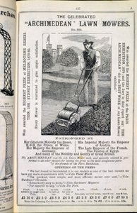 Les célèbres tondeuses à gazon Archimède, du Nouveau Catalogue Illustré des Outils de Jardin, Meubles de Jardin et Accessoires, publié par Wrinch & Sons, 1893