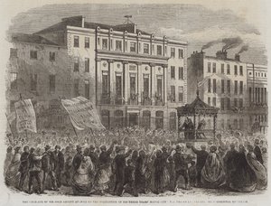 Le couronnement de Sir John Arnott à Cork à la fin de ses trois années de mairie, le cortège passant devant les bâtiments commerciaux (gravure) - English School