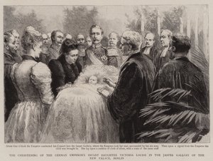Le baptême de la fille du Kaiser allemand, Victoria Louise, dans la galerie de jaspe du nouveau palais, Berlin (gravure) - English School
