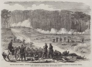 La guerre civile en Amérique, avance des tirailleurs des Bucktail Rifles sur la position confédérée à Drainsville, Virginie (gravure) - English School