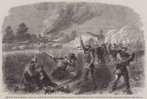 La guerre civile en Amérique, combat à Hainsville, sur le haut Potomac, avance des hommes du Wisconsin (fédéralistes) sur la position sécessionniste - English School