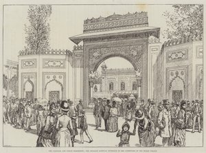 Exposition coloniale et indienne, la porte de Gwalior, entrée de la cour du palais indien (gravure) - English School