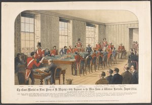 La cour martiale du lieutenant Perry du 46e régiment de Sa Majesté, dans la salle des mess à la caserne de Windsor, août 1854 - English School