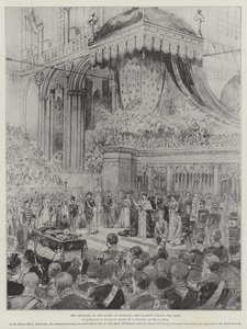 Le couronnement de la reine des Pays-Bas, Sa Majesté prêtant serment (gravure) - English School