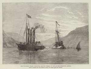 Le navire-cylindre Cléopâtre quittant Ferrol remorqué par le remorqueur Anglia (gravure) - English School