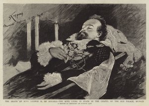La mort du roi Louis II de Bavière, le roi en état dans la chapelle du vieux palais, Munich (gravure) - English School