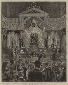 La mort du roi Victor Emmanuel, le corps du roi exposé dans la chapelle ardente du Quirinal, à Rome - English School