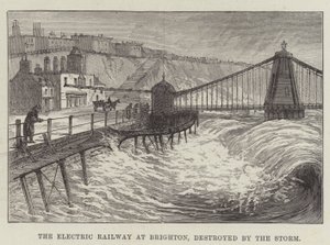 Le chemin de fer électrique à Brighton, détruit par la tempête (gravure)