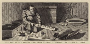 La fin de la guerre afghane, le major Cavagnari scellant le traité de paix (gravure) - English School