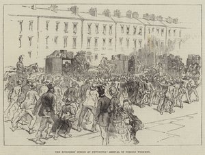 La grève des ingénieurs à Newcastle, arrivée des ouvriers étrangers (gravure) - English School