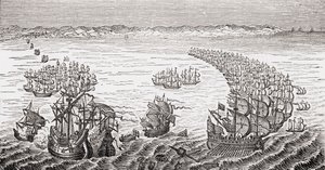 La flotte anglaise, commandée par Sir Francis Drake, attaquant l