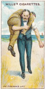 Le Levage du pompier No.2, no.19 de la série Premiers Secours des cartes de cigarettes Willss, 1913
