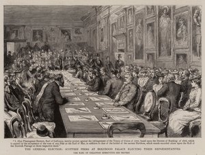 Les élections générales, les pairs écossais au palais de Holyrood élisant leurs représentants (gravure)