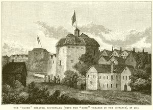 Le Globe Theatre, Southwark (avec le Rose Theatre au loin), en 1613 - English School