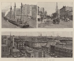 Le grand incendie à Milwaukee, vues générales de la ville (gravure) - English School