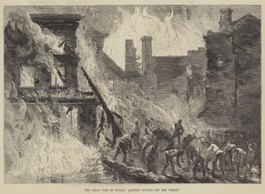 Le grand incendie de Dublin, sapeurs coupant le whisky (gravure) - English School