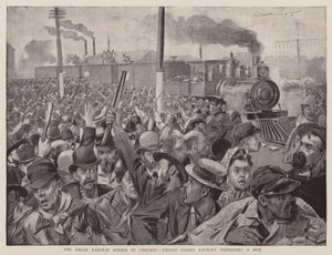 La grande grève des chemins de fer à Chicago, la cavalerie américaine dispersant une foule (litho) - English School