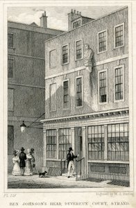 Le Grecian Coffee House, Devereux Court, Strand, avec un buste de Ben Johnson (gravure) - English School