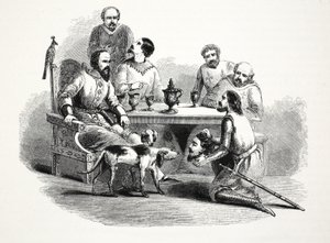 La tête de Llewelyn apportée à Edward au château de Conway, publié au 19ème siècle (gravure sur acier) - English School