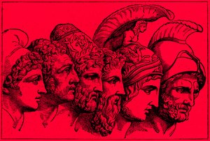 Les héros de la guerre de Troie : Paris, Diomède, Ulysse, Nestor, Achille, Agamemnon, illustration de L