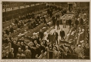 La scène historique à la Chambre des communes lorsque le projet de loi sur le service militaire a passé sa troisième lecture, 1914-19 - English School