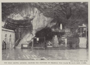 La grotte sacrée, Lourdes, montrant les béquilles des pèlerins qui prétendent avoir été guéris (gravure) - English School