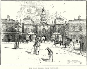 Les Horse Guards, depuis Whitehall (gravure) - English School