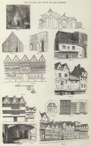 Les maisons et boutiques du vieux Londres (gravure) - English School