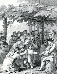 Les Indiens remettant les captifs anglais au colonel Bouquet près de son camp aux Fourches de Muskingham en Amérique du Nord, gravé par Canot, 1764 - English School