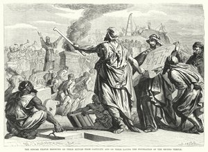 Le peuple juif se réjouissant de son retour de captivité et de la pose de la fondation du second temple (gravure) - English School