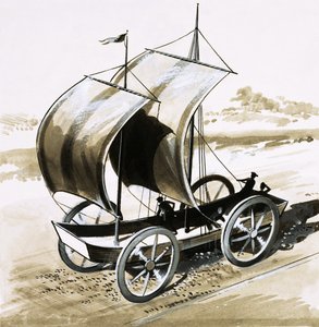 Le Navire terrestre, inventé par le Dr Wilkins, évêque de Chester, en 1648 - English School