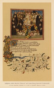 La vie de saint Edmond, roi et martyr, par John Lydgate, présentée à Henri VI (lithographie en couleurs) - English School
