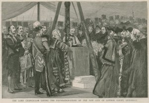 Le Lord Chancelier posant la première pierre du nouveau tribunal de la ville de Londres, Guildhall - English School