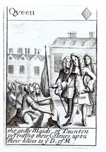 Les servantes de Taunton agenouillées devant le duc de Monmouth, 18 juin 1685, carte à jouer reine de carreau d