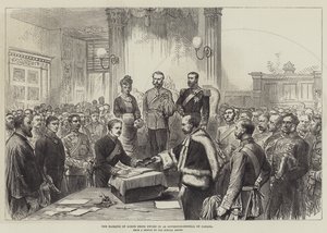Le marquis de Lorne prêtant serment en tant que gouverneur général du Canada (gravure) - English School