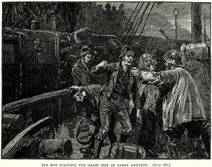 La foule montant à bord du navire céréalier à Garry Kennedy (gravure) - English School