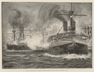 Les manœuvres navales, engagement entre les flottes rouge et bleue au large de Holyhead, 31 juillet (lithographie) - English School