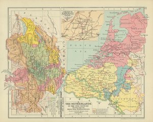 Les Pays-Bas au XVIIe siècle avec les principaux champs de bataille (lithographie couleur) - English School