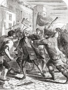 Les émeutiers "No-Popery" attaquent des membres du Parlement à Palace Yard, Westminster, Londres, Angleterre pendant les émeutes de Gordon de 1780 - English School