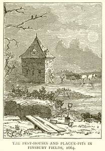 Les maisons de peste et les fosses de peste dans les champs de Finsbury, 1664 - English School