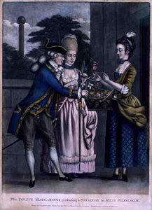 Le Maccaroni poli présentant un bouquet à Miss Blossom, pub. par Carington Bowles - English School
