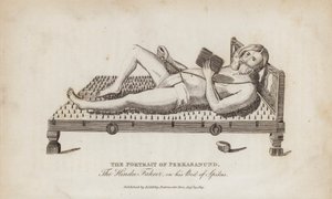 Portrait de Perkasanund, le fakir hindou, sur son lit de clous (gravure)
