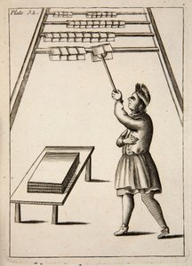 Le presseur accrochant du papier, pub. 1683 gravure - English School