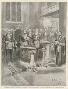 Le Prince de Galles, Très Vénérable Grand Maître, constituant la Loge du Barreau de la Chancellerie des Francs-Maçons, No 2456, dans le Hall de Lincoln