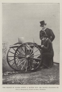 Le prince de Galles tirant avec une mitrailleuse Maxim, M. Maxim à ses côtés (gravure)