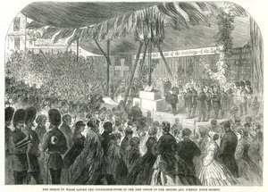 Le Prince de Galles posant la première pierre du nouveau bureau de la Société Biblique Britannique et Étrangère - English School